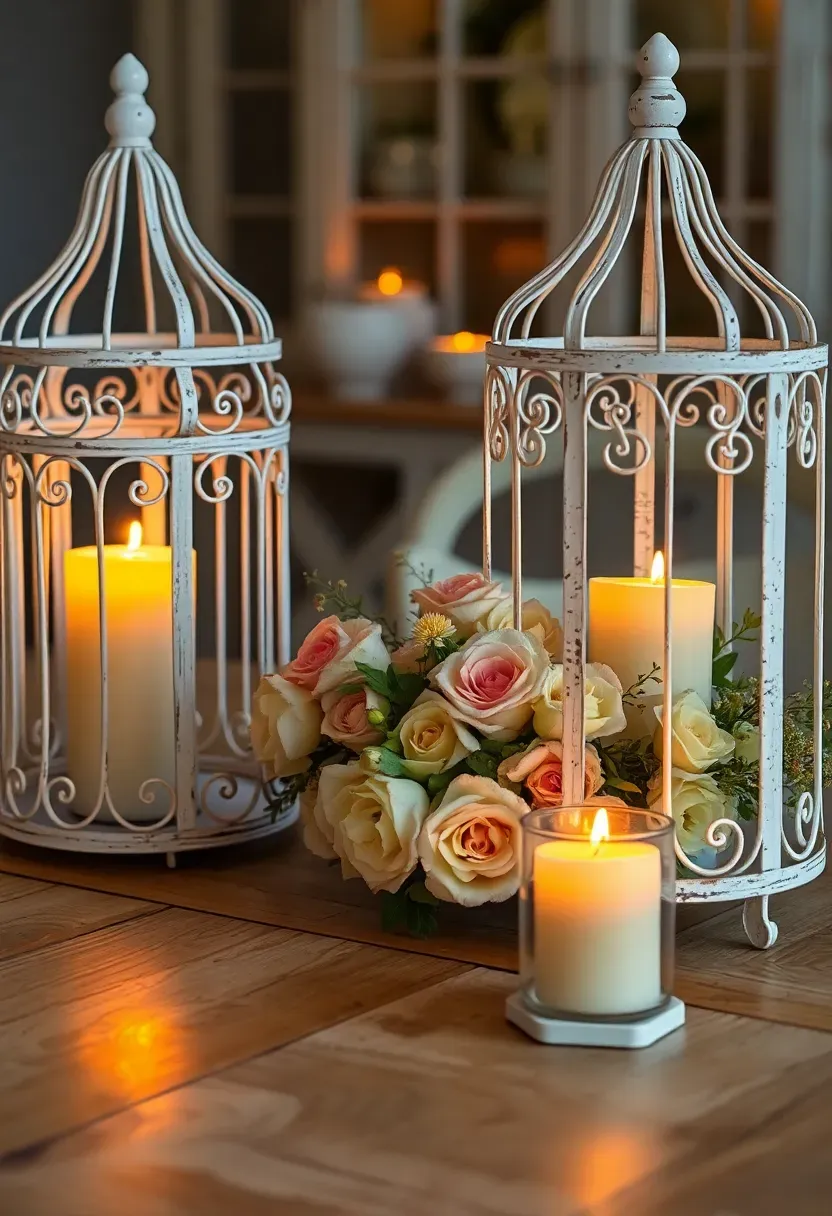 Pair of ornate white metal birdcage lanterns with pillar candles inside placed on either end of a shabby chic dining table with fresh flowers