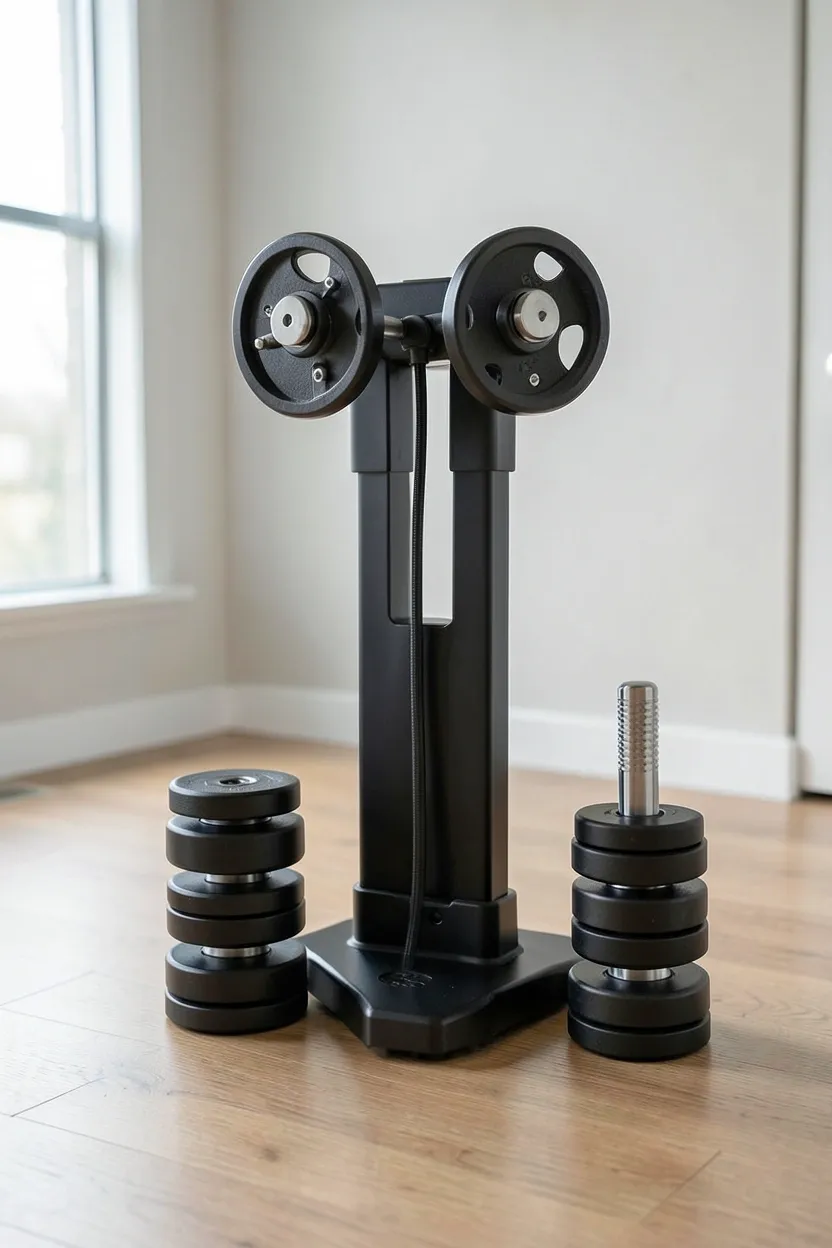 Compact home cable machine with integrated weight stack and powder-coated black frame in a small gym room — continuous resistance training equipment