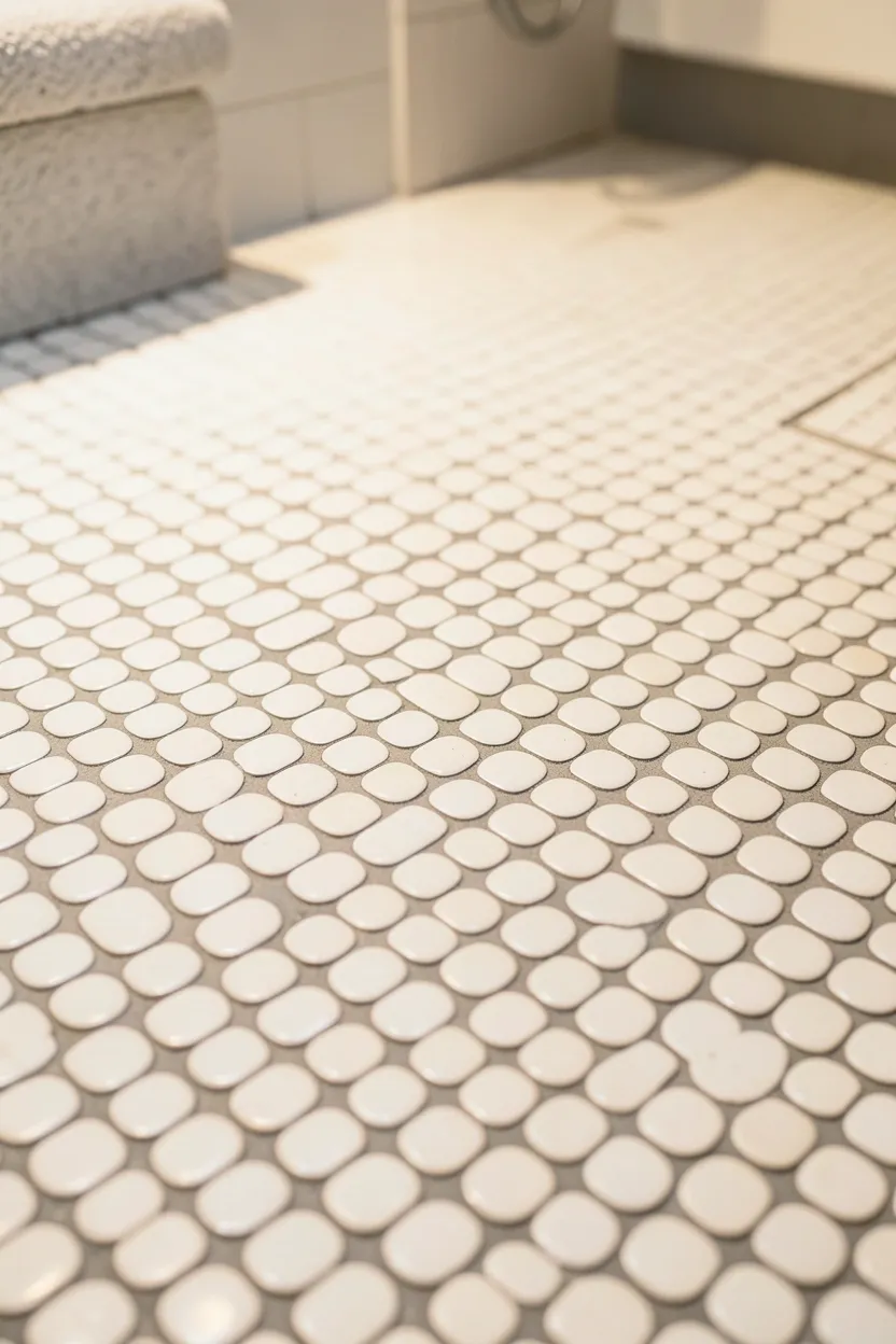 White penny tile floor with gray grout in a modern apartment bathroom, adding subtle texture and classic pattern to a neutral space