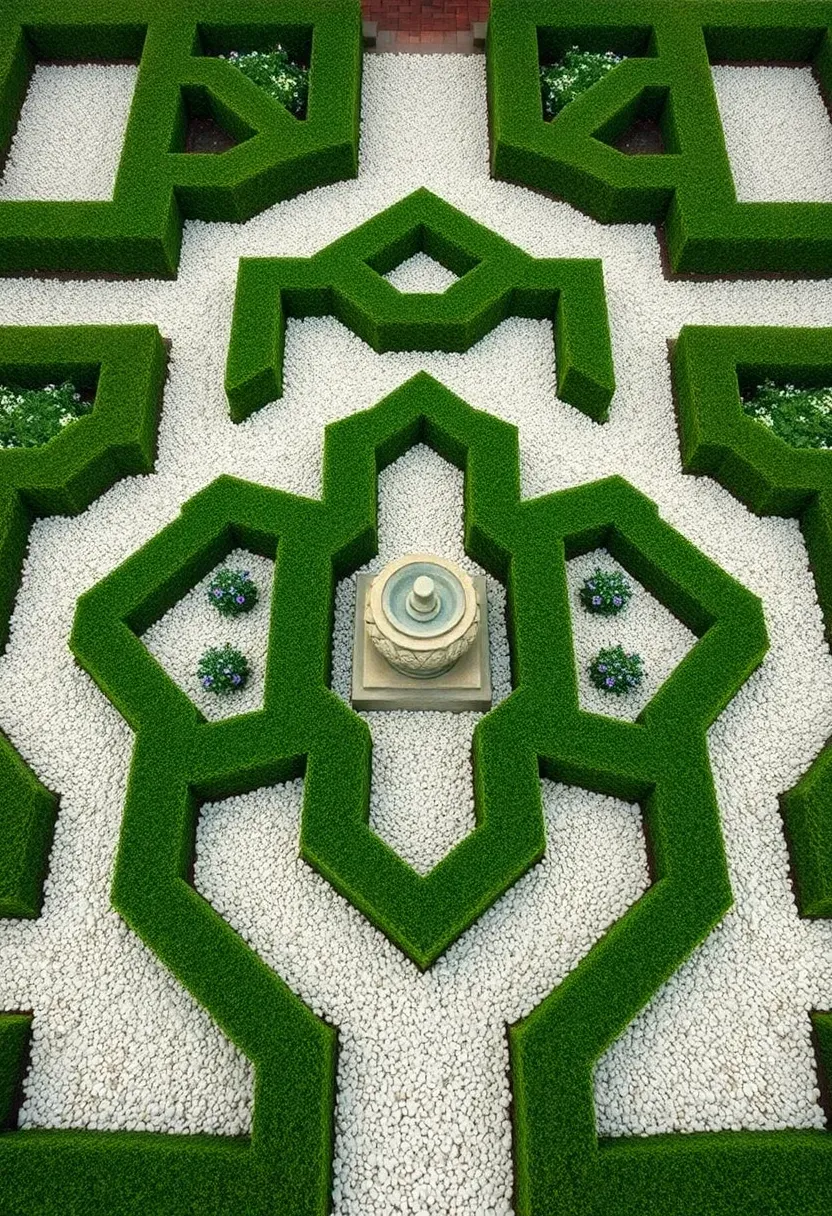 Formal geometric parterre garden viewed from above with clipped boxwood hedges forming symmetrical diamond and rectangle patterns filled with white gravel and flowering plants