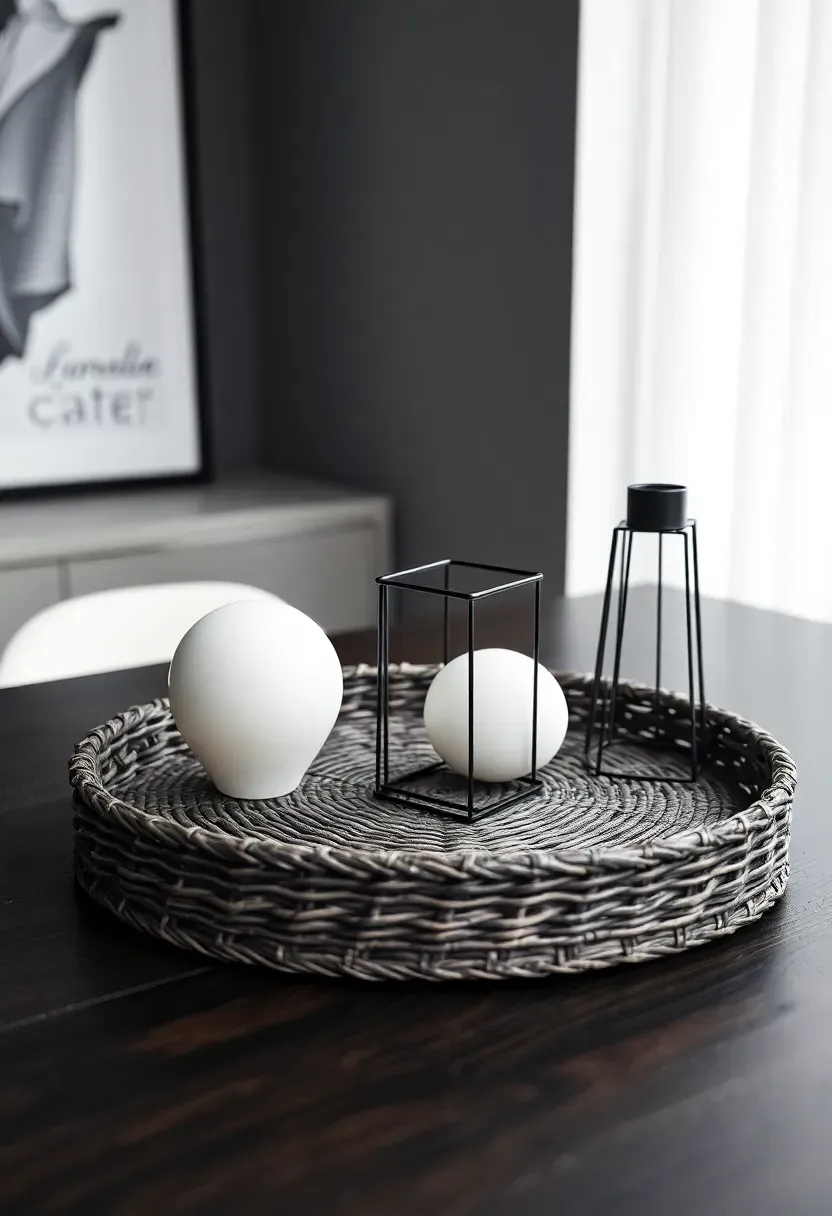 Modern monochrome woven tray in charcoal gray with black geometric candle holders and white ceramic sphere on a dark wood surface