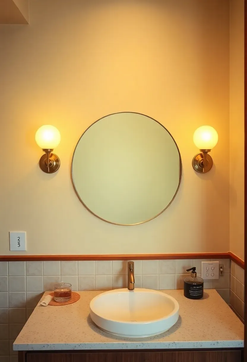 Pair of opal milk-glass globe sconces flanking a round mirror in a mid-century bathroom with teak vanity