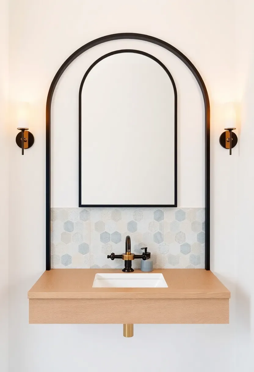 Arched matte black metal-framed bathroom mirror centered above a white oak floating vanity with brass faucet and zellige tile backsplash