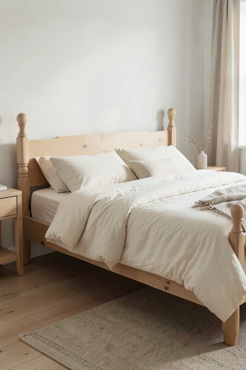 Vintage light oak farmhouse bed frame with simple turned posts and natural linen bedding in a bright nordic bedroom