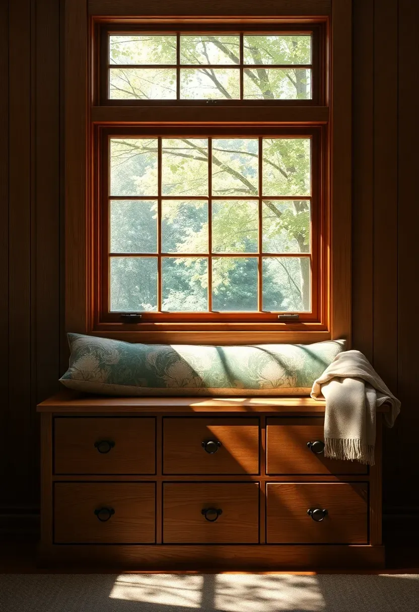 Built-in window seat with oak frame, cushion in Morris fabric, and storage drawers beneath in a craftsman bay window