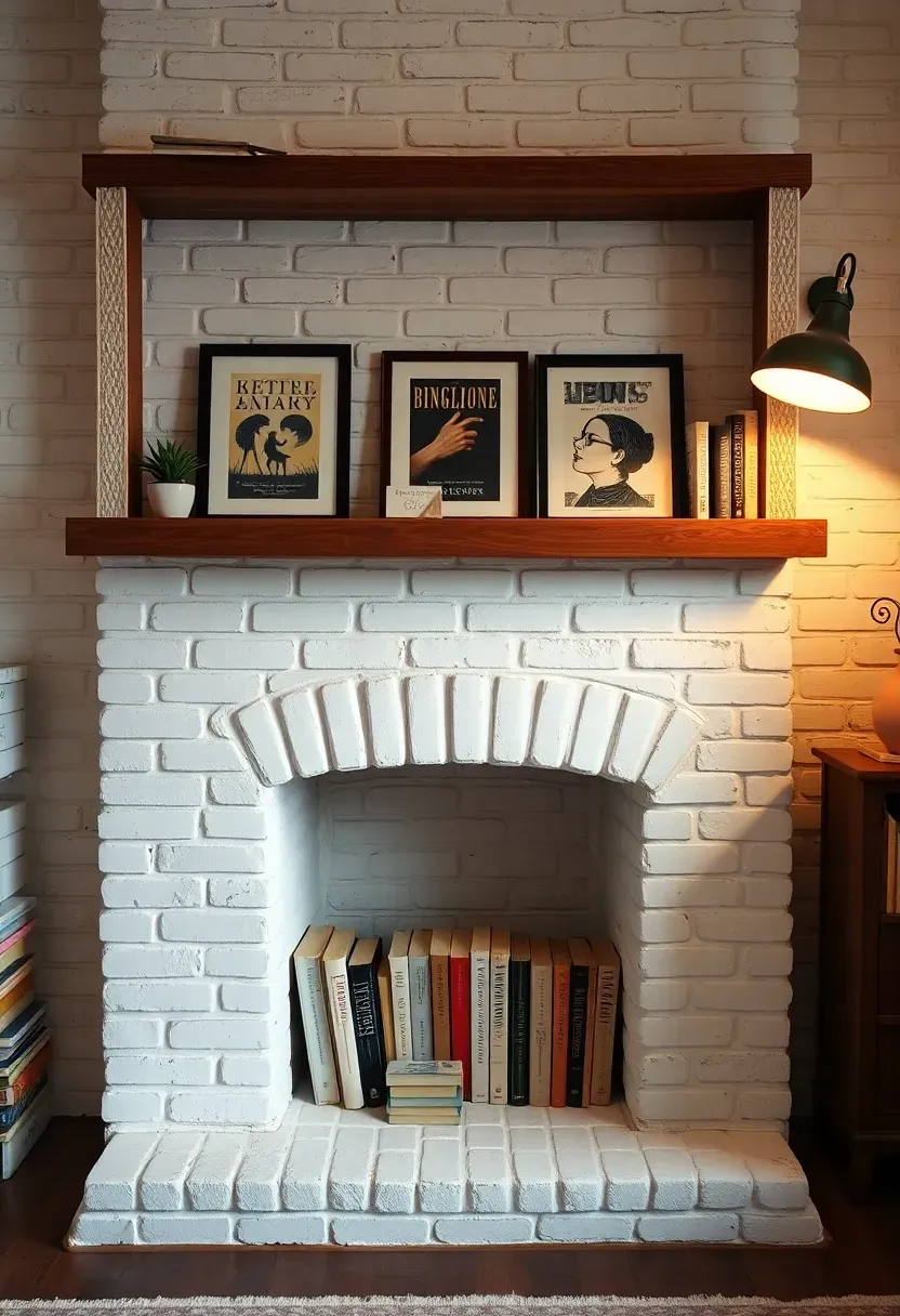 Hyper-realistic 3/4 view of a white-painted brick fireplace surround converted into a book display. The firebox holds books arranged cover-forward facing outward, the mantle displays framed book cover art and small planters. Above the mantle, a built-in shelf holds more books. Materials: painted brick, wood mantle, ceramic planters with small succulents. Warm ambient light from nearby floor lamp, creating soft shadows and highlighting book cover art. Cozy whimsical mood like a creative writer's nook. Sharp details, visible brick texture, no clutter.</p>