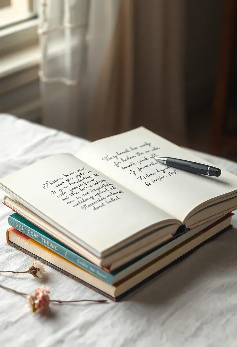children's book inscription station at a baby shower with a stack of picture books open to the inside cover with handwritten dedications and a sign asking guests to sign their book