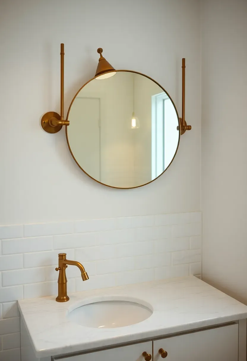 Round brass pivot mirror mounted on swing arms above a marble countertop with white tile wall and warm pendant light reflection