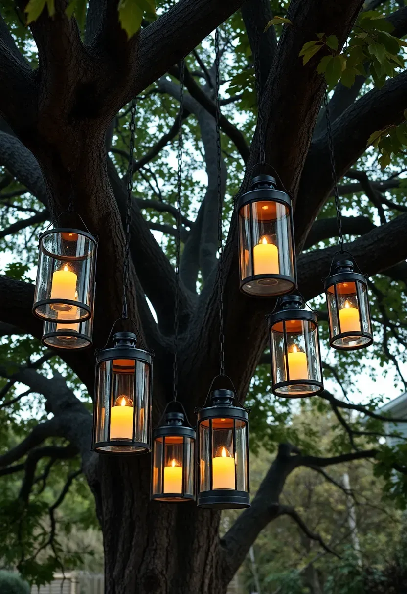 A mature backyard oak tree with multiple hanging metal and glass lanterns at varying heights casting warm light across a seating area below