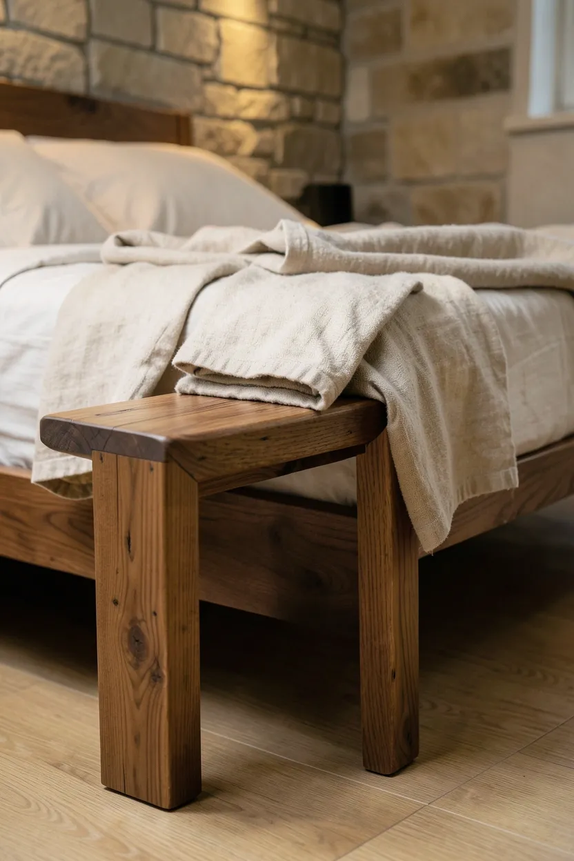 Simple solid walnut bench at the foot of a bed with a folded linen throw in a wabi sabi bedroom
