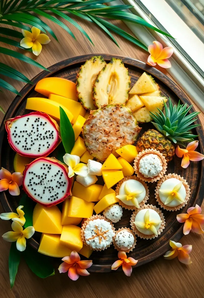 Tropical paradise dessert board featuring vibrant fruits, coconut treats, and colorful sweets