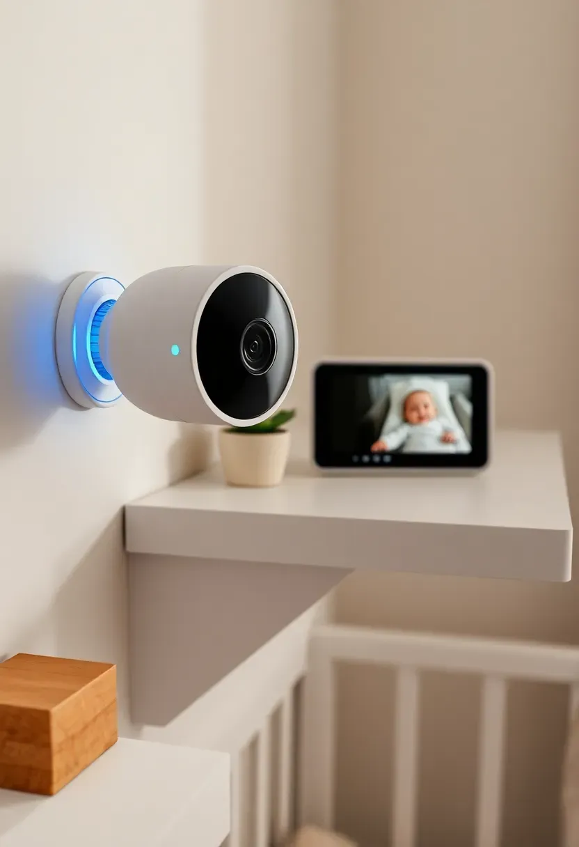 smart baby monitor with camera on a nursery shelf showing video feed on a parent phone screen