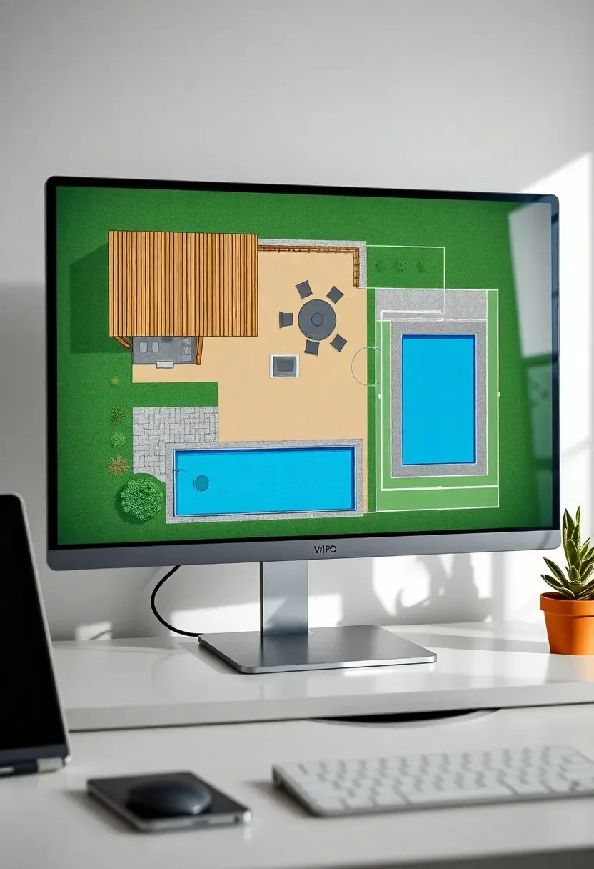 Roomsketcher outdoor floor plan showing a backyard with covered patio, fire pit area, pool, and garden paths in polished 2D view