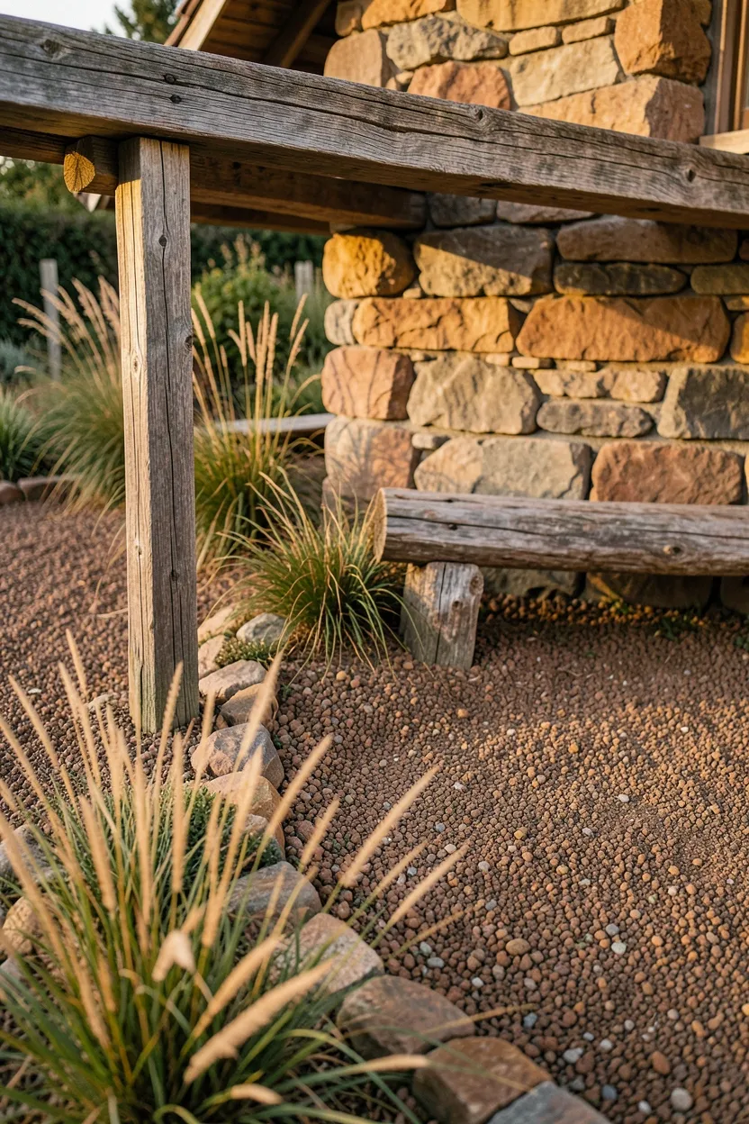 Rustic Gravel Patio with Wooden Elements