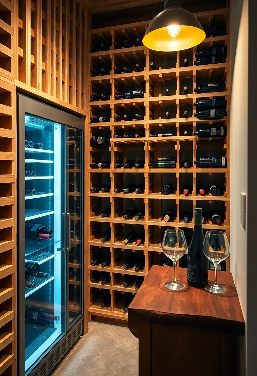 basement wine and spirits storage area with floor to ceiling wooden wine rack climate controlled glass door cabinet and tasting counter