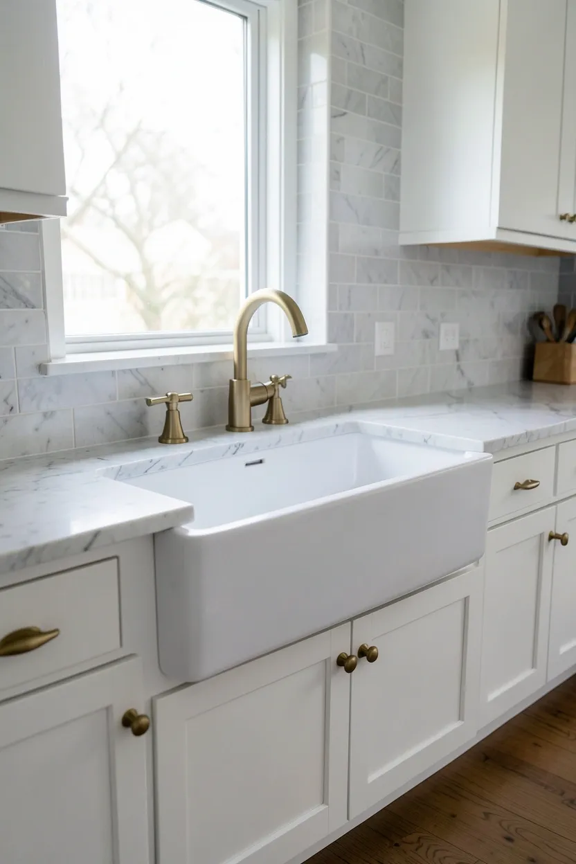 Hyper-realistic eye-level photograph of an elegant kitchen featuring a white farmhouse apron-front sink. The sink has a deep basin and exposed front panel. Surrounding marble countertops with a sleek brushed brass faucet. White shaker cabinets below with brass pulls. Subway tile backsplash extends to ceiling. Natural light streaming through window above sink. Materials: fireclay ceramic, marble, brass, white painted wood. Traditional modern blend elegant mood. Sharp focus on sink depth and exposed apron front. No text, no logos, no watermarks.</p>