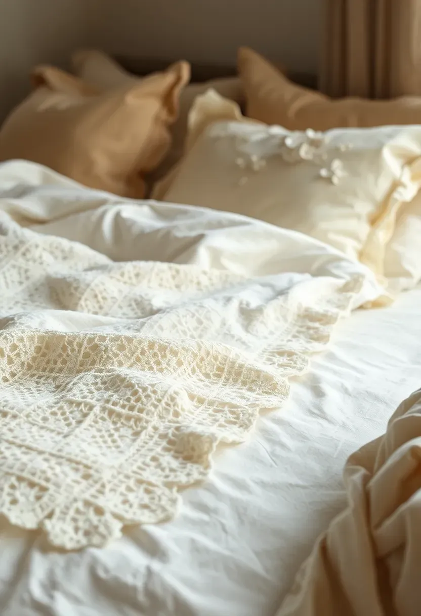 Layered vintage lace bedding with ruffled shams and embroidered details