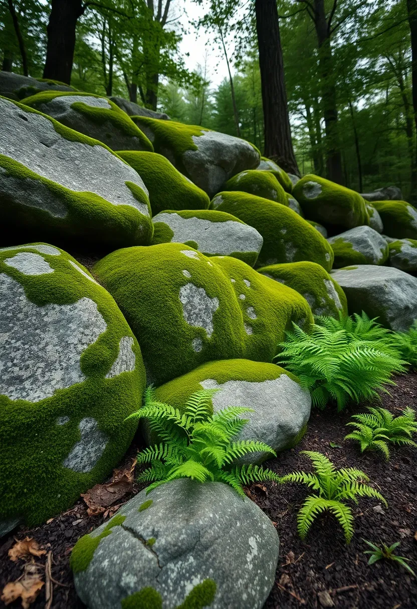 Rounded moss rock boulders arranged as a natural retaining wall with green moss covering and woodland ferns at the base