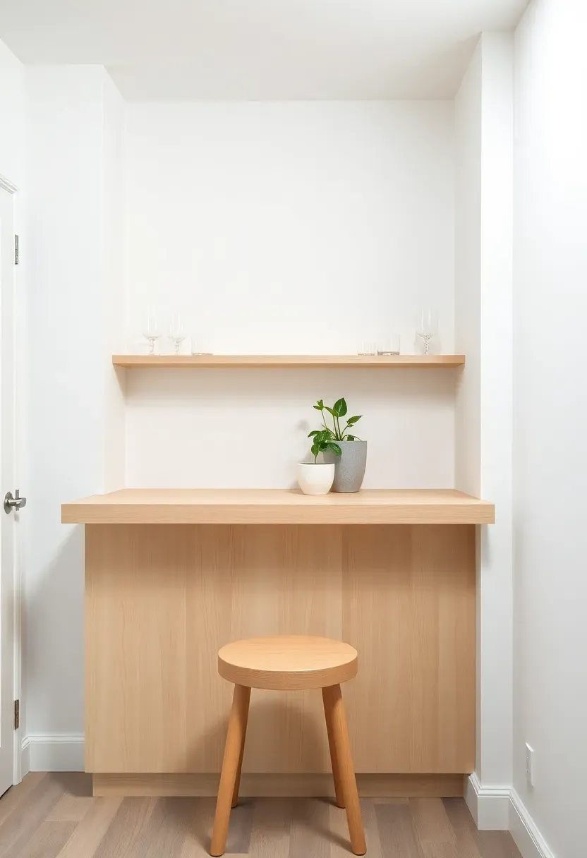 Scandinavian style basement bar with light birch wood white walls clean lines and simple glassware