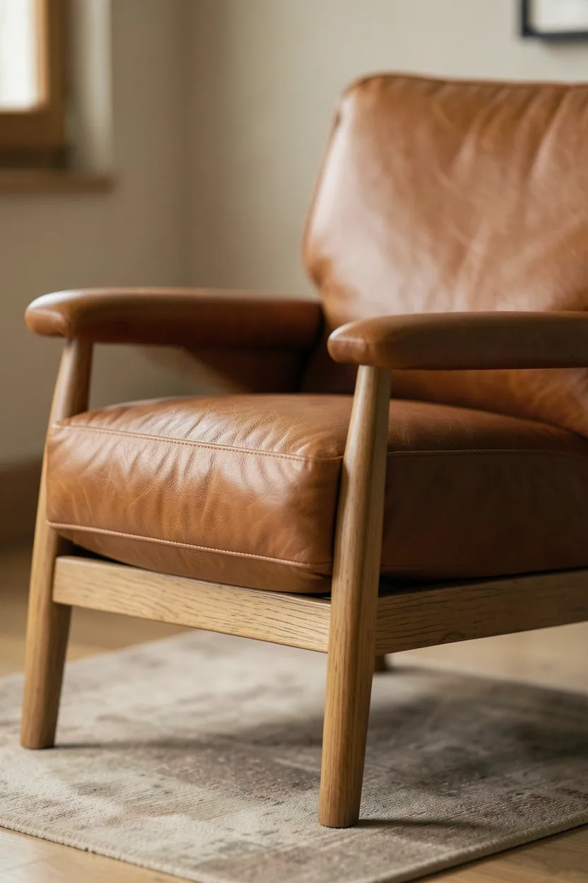 Cognac full-grain leather armchair with exposed wood frame adding warmth to modern farmhouse living room