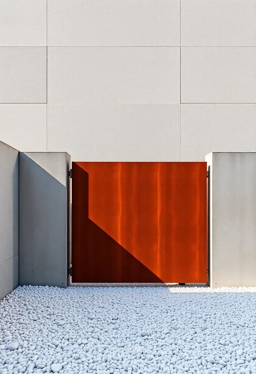 Corten steel pivot gate with a warm rust-orange patina surface and a concealed pivot hinge at the base in a modern yard