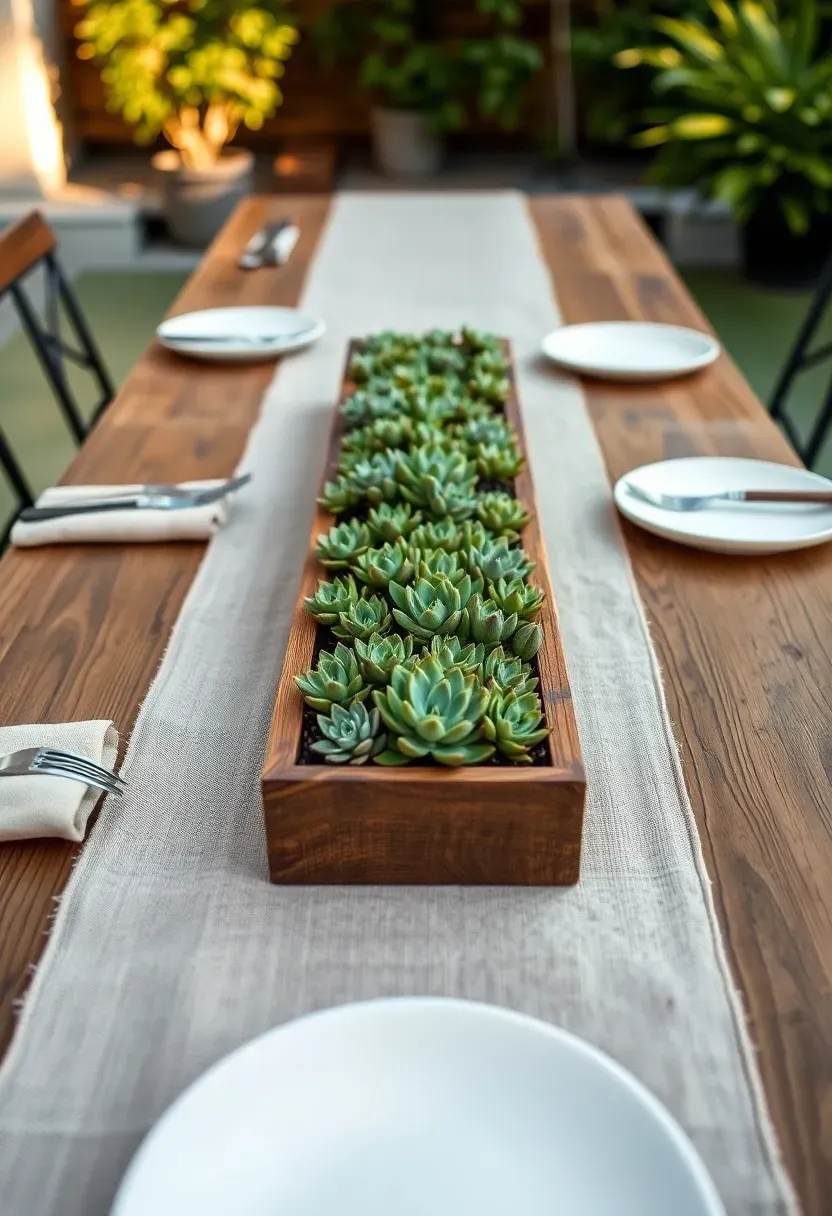 An outdoor dining table set with a linen table runner, a low centerpiece of succulents in a wooden trough, and ceramic dishes