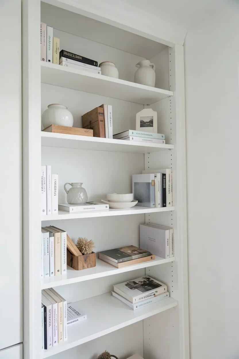 Streamlined white built-in wall shelves displaying books, small plants, and minimal decor in a Nordic living room with negative space