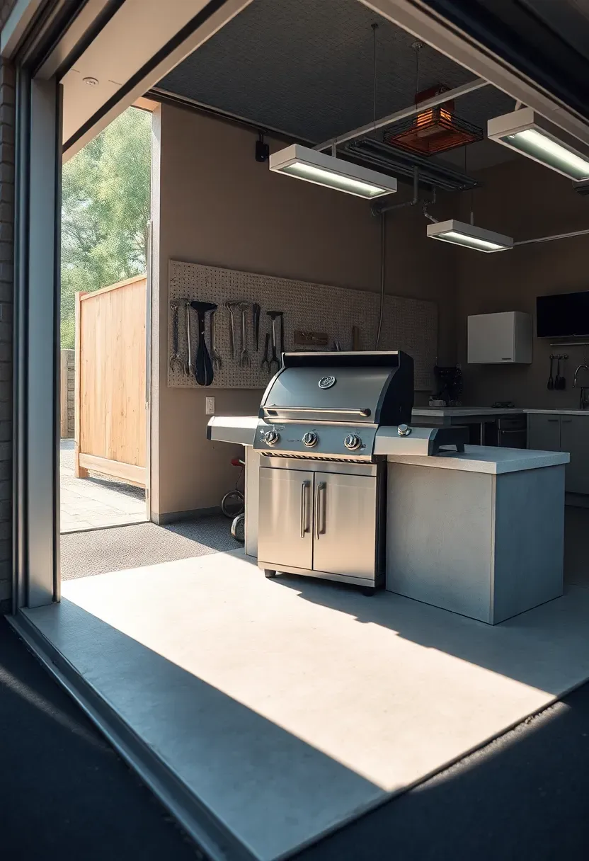 Grill station built into a countertop directly adjacent to an open garage door with tool pegboard, utility sink, and overhead LED shop lights