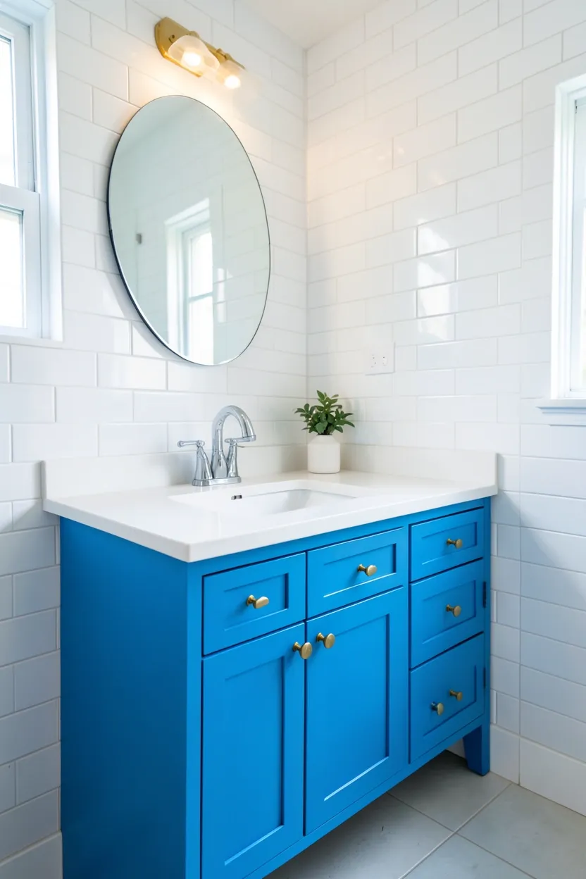 Hyper-realistic eye-level photograph of a modern colorful bathroom featuring bright blue vanity cabinet with brass hardware, white quartz countertop, white undermount sink, chrome faucet, white subway tile walls, small round mirror. Natural light. Materials: bright blue painted wood, brass hardware, white quartz, white ceramic sink, chrome fixtures, white ceramic tiles. Vibrant blue vanity with bright energy. Clean modern aesthetic. No text, no logos, no watermarks.