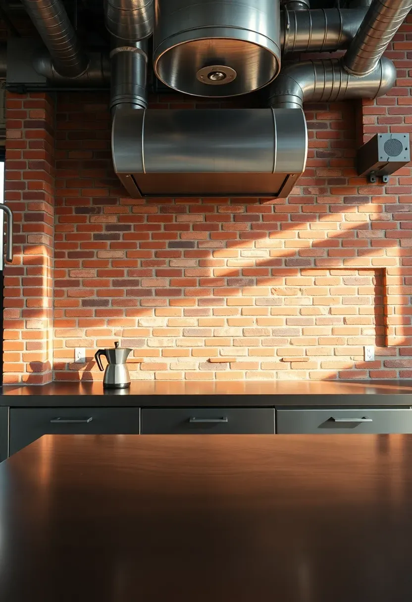 thin brick tile backsplash in warm red-brown tones behind a loft-style industrial kitchen with stainless steel countertops