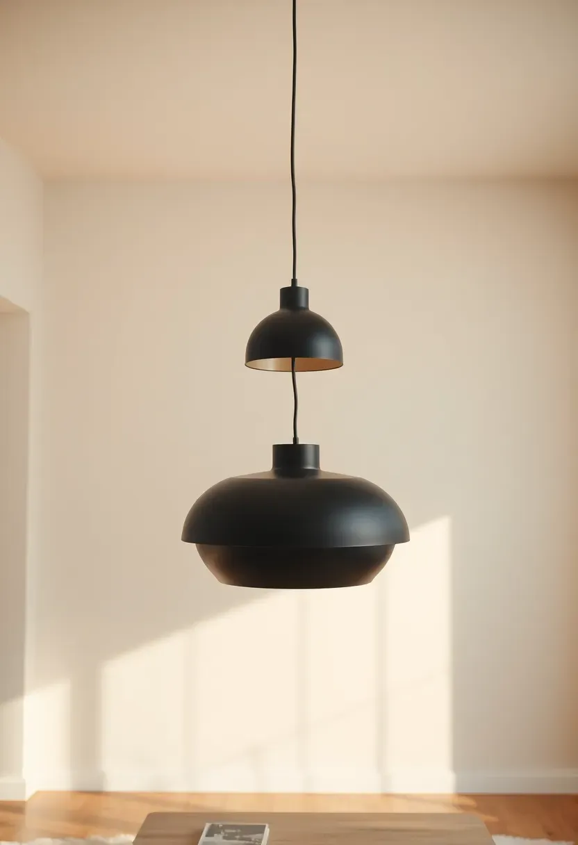 Hyper-realistic upward shot of a statement matte black pendant light with spherical shade hanging low over a coffee table. The fixture has a matte black metal finish, clean minimal design, visible cord. Below: light wood coffee table with minimal decor, warm white walls, light oak flooring. Warm ambient lighting from pendant. Materials: matte black metal, light oak wood. Soft shadows, minimalist composition. No text, no logos, no watermarks.</p>