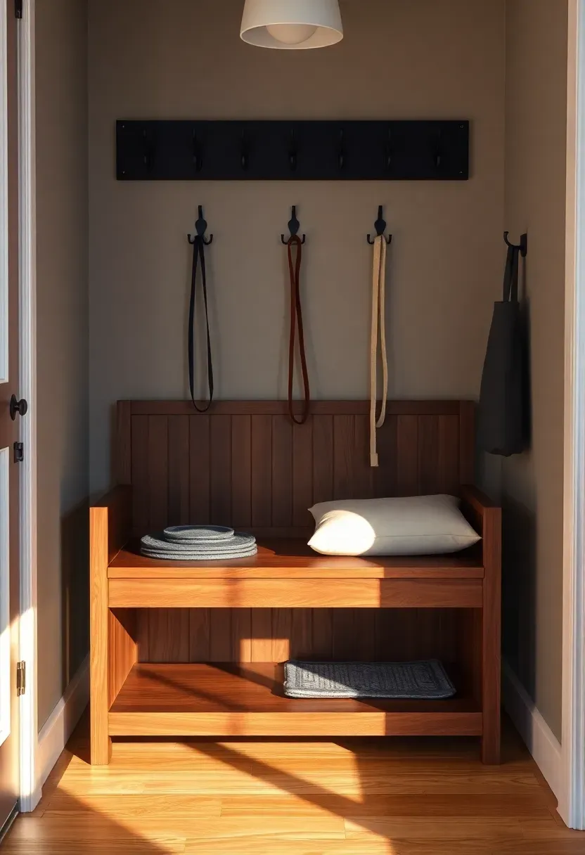 Entryway walnut bench with lift-top storage, lower open shelf for dog mat, matte black wall hooks above with neatly folded leash hanging, linen cushion on seat top