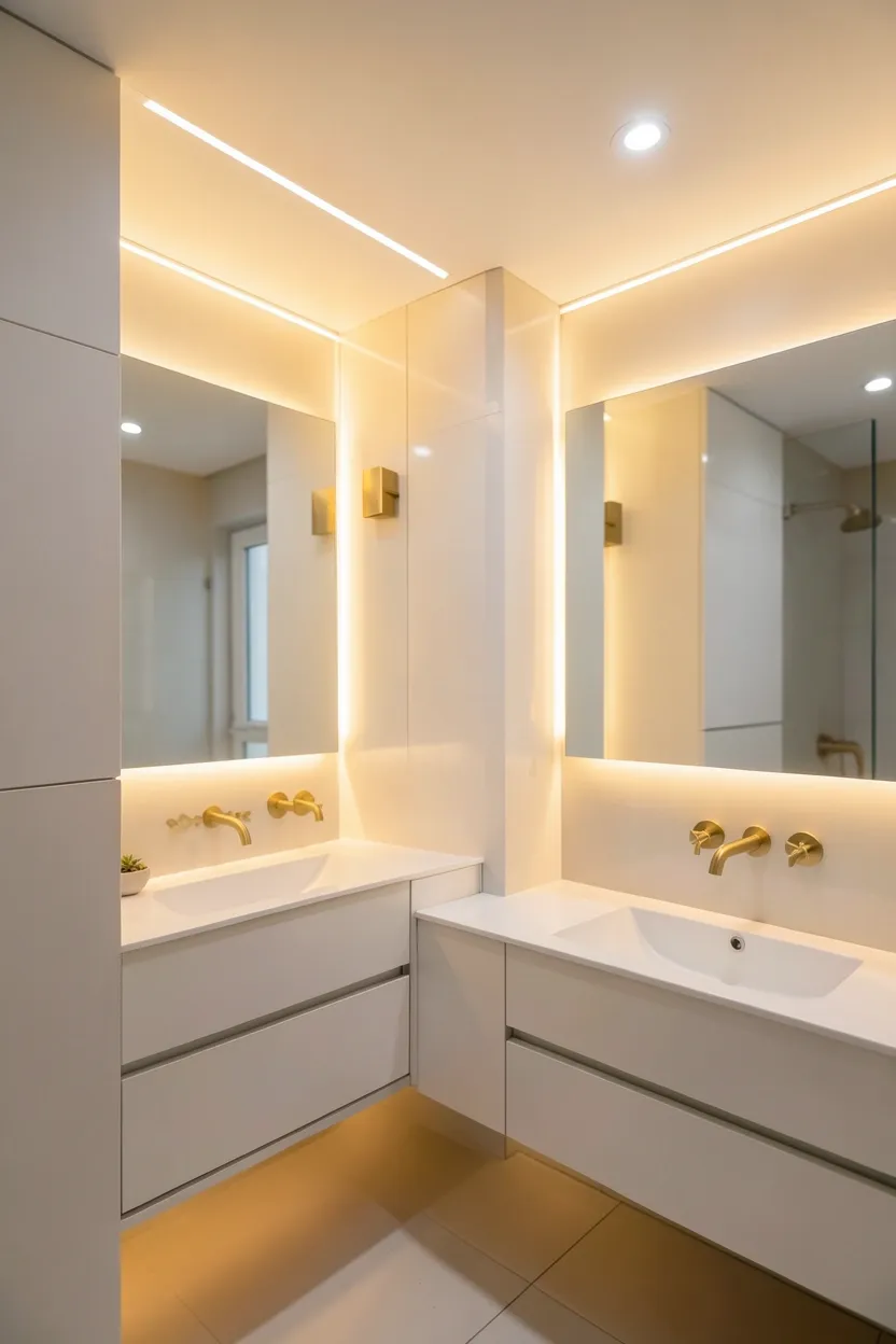 Layered smart lighting with recessed ceiling lights and backlit mirror creating warm ambiance in a modern mansion bathroom