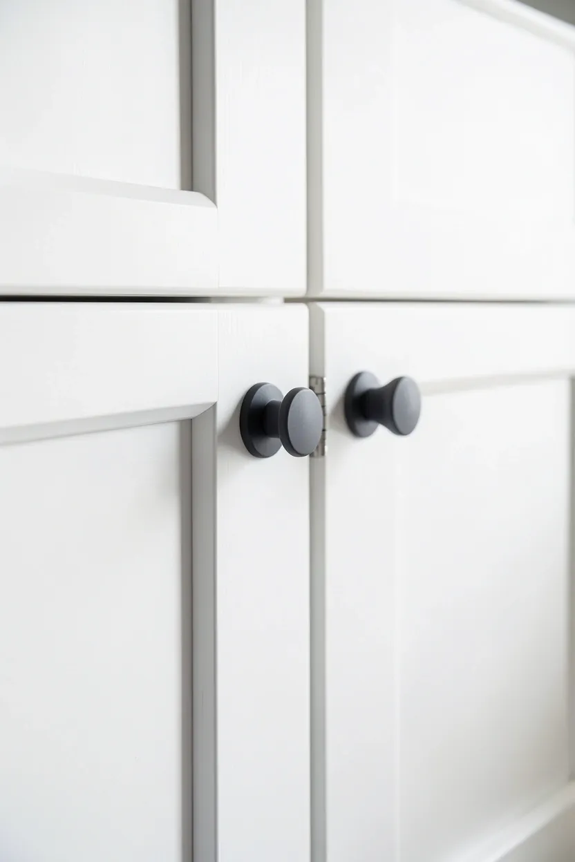 White kitchen cabinets with matte gray hardware pulls adding subtle contrast and a sophisticated contemporary finish