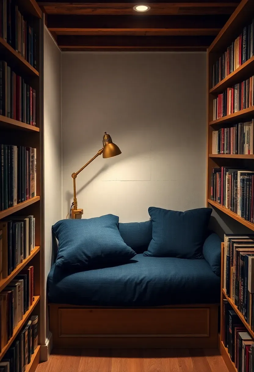 Small basement corner with a low ceiling, a built-in daybed surrounded by bookshelves and a reading lamp