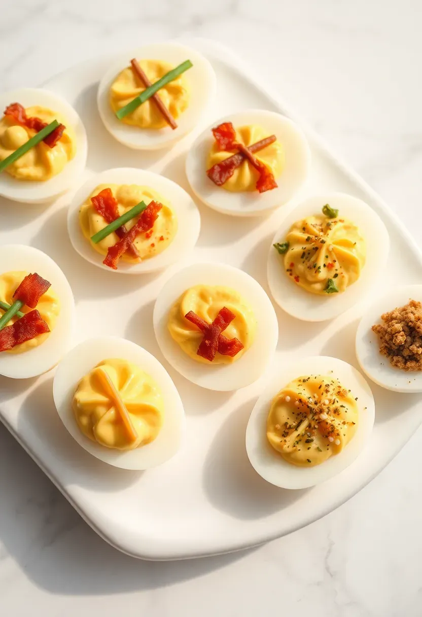 deviled eggs with three different toppings including paprika bacon and chives displayed on an egg platter at a baby shower