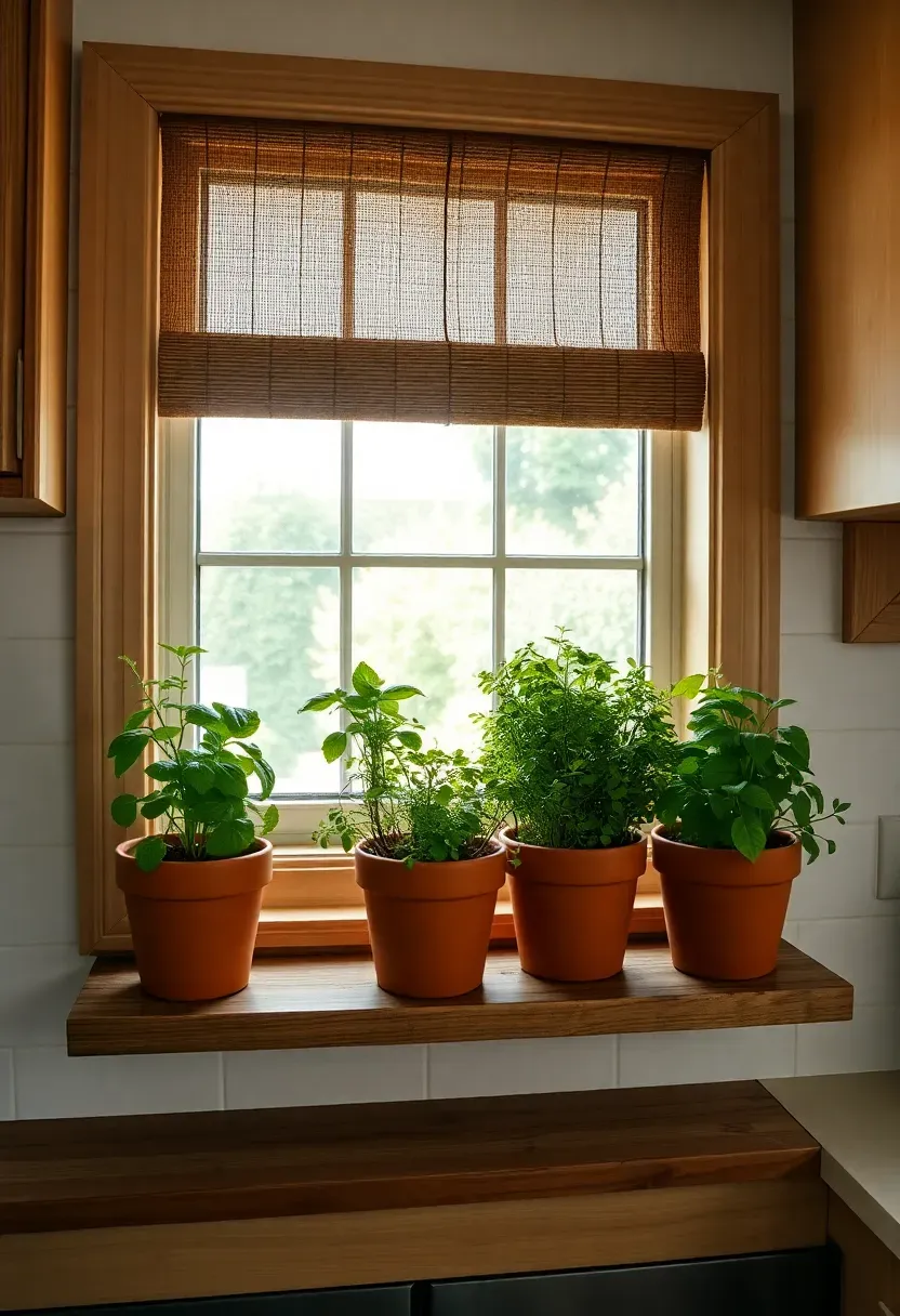 Hyper-realistic eye-level photograph of herb garden on kitchen windowsill. Five terra cotta pots in varying sizes arranged on reclaimed wood shelf in front of window. Pots containing lush green herbs—basil, thyme, rosemary, mint, and parsley with healthy growth and slight variations in leaf color. Natural light streaming through window, creating soft shadows on pots and leaves. Through window, glimpses of garden visible. Creamy white walls, reclaimed wood cabinets flanking window. Butcher block counter with small prep area below. Materials: terra cotta, living herbs, reclaimed wood, walnut. Fresh organic rustic mood. Visible kitchen context - window with herb garden, surrounding cabinets and counter. Slight soil visible on pot rims, small water droplets from recent watering. No text, no logos, no watermarks. Negative prompt: 