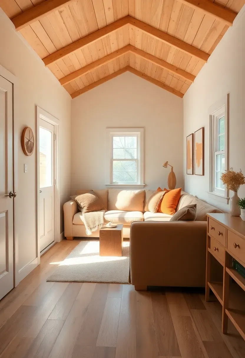 Hyper-realistic 3/4 view of tiny house interior showing warm color palette with cream walls, beige furnishings, and wood accents. Materials: cream painted walls, light oak wide-plank flooring, warm beige sofa, terra cotta accent pillows, light wood ceiling with exposed beams. Soft natural daylight enhancing warm tones, inviting cozy minimalist aesthetic with neutral warm palette throughout. Shallow depth of field, sharp details on wood textures and fabric colors, visible tiny house scale with thoughtfully coordinated warm colors. No text, no logos, no watermarks.</p>