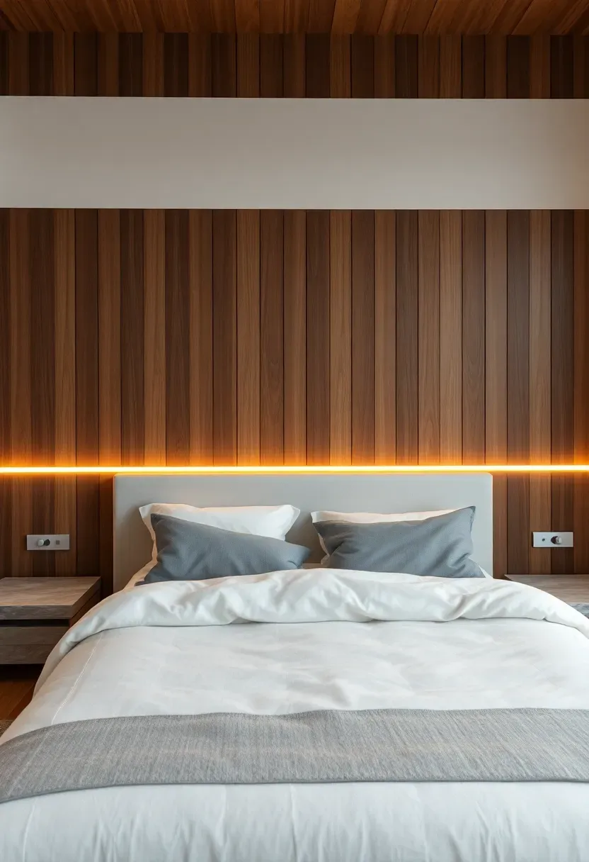 modern bedroom featuring a vertical natural wood slat accent wall behind the bed with indirect LED strip lighting at the base