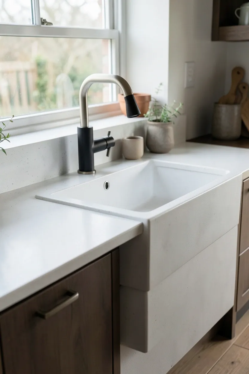 White fireclay apron-front sink with exposed front panel in a modern vintage kitchen — farmhouse-style with contemporary durability