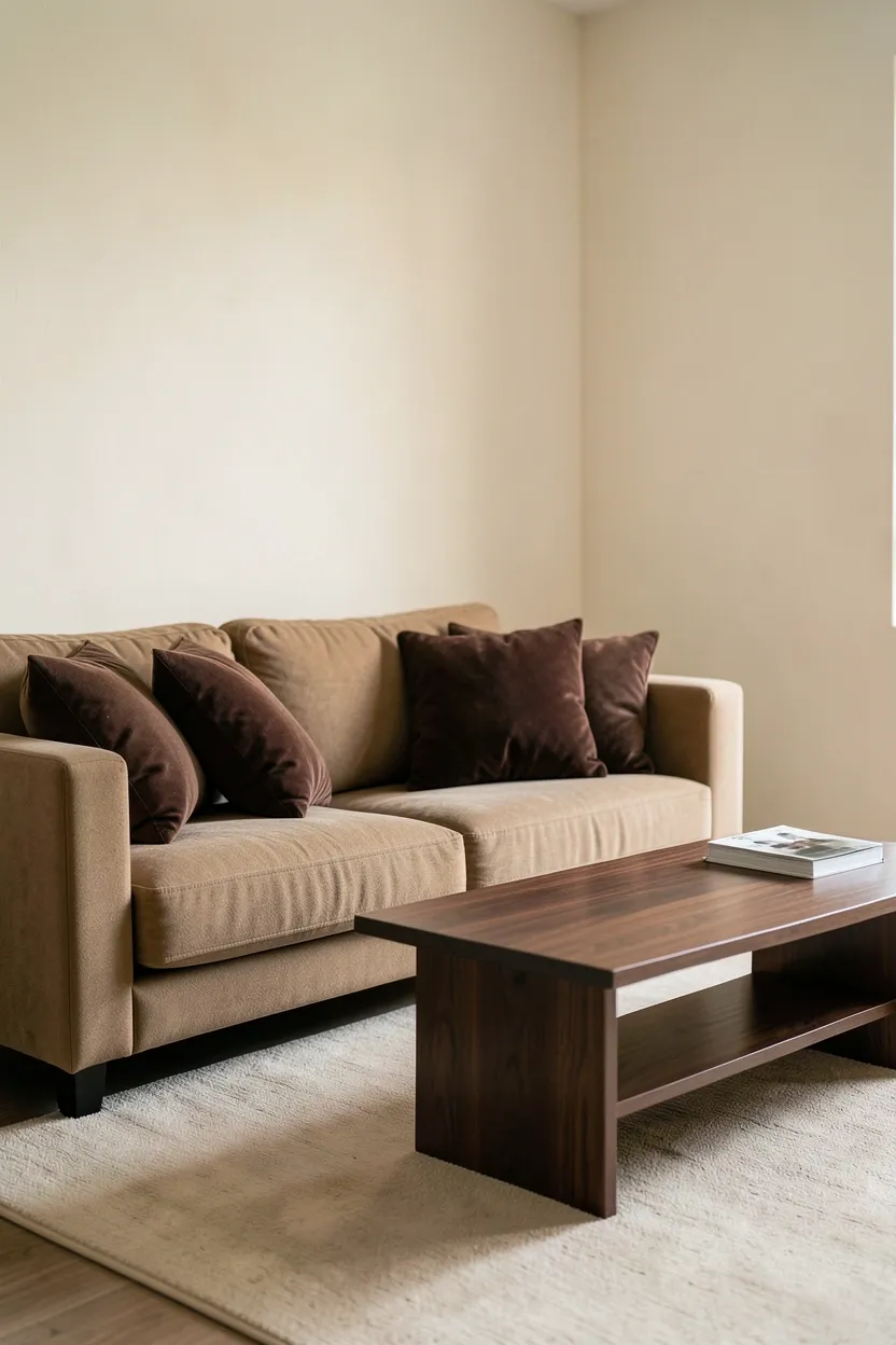 Minimalist living room in a monochromatic brown palette with tan walls, caramel sofa, and chocolate accents creating tonal depth