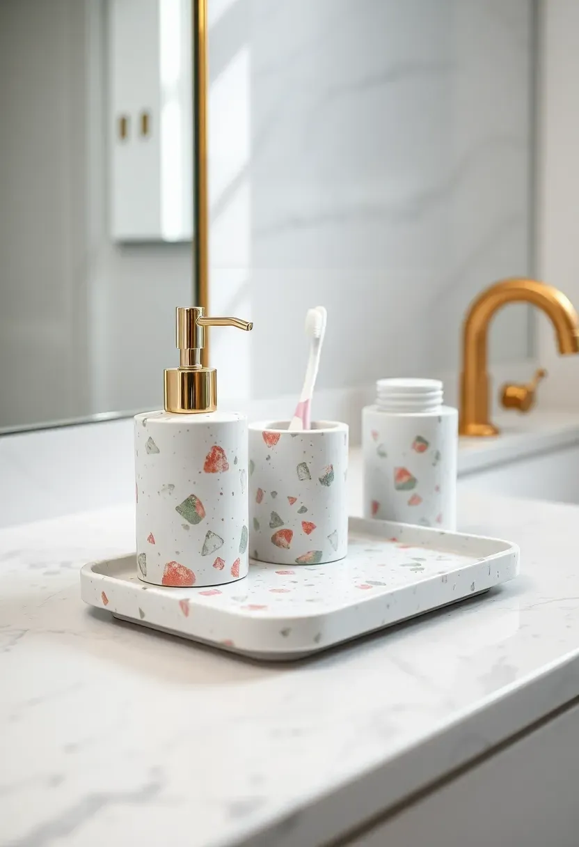 Terrazzo bathroom accessories set including soap dispenser, toothbrush holder, and tray with pink and green chips on white base