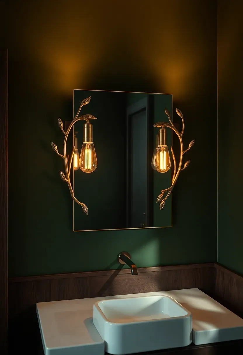 Pair of decorative brass wall sconces with sculptural art shapes flanking a bathroom vanity mirror on a dark green wall