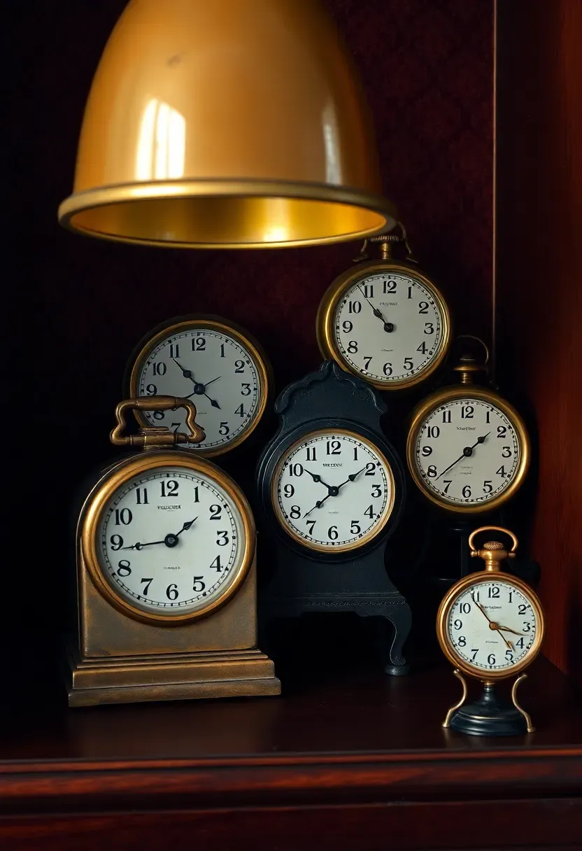 curated collection of vintage clocks on a mahogany antique shelf