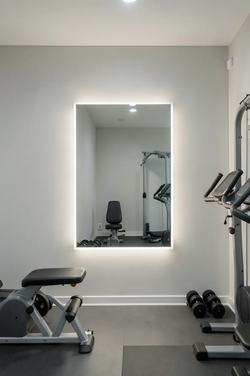 Gym with a skylight flooding the ceiling with diffuse natural light, mirrors on the walls spreading brightness throughout the small space