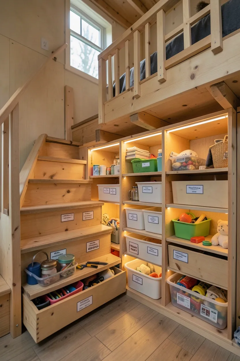 Under-stairs storage cubby system in a tiny house with labeled picture-tag drawers and open shelves for toddler toys and clothing organized by category