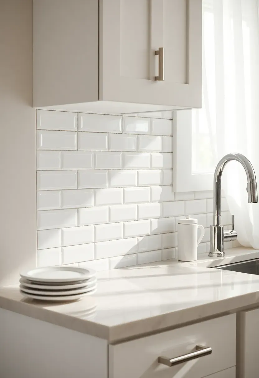 classic white subway tile backsplash with light gray grout in a bright kitchen with marble countertops and chrome fixtures
