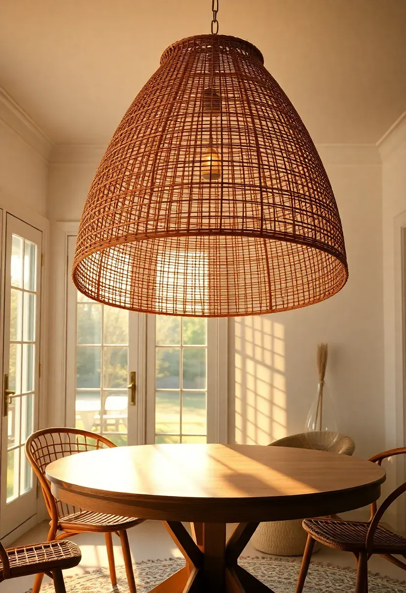 Oversized rattan pendant light hanging in a sunroom above a round dining table, casting intricate woven shadow patterns on white walls at golden hour