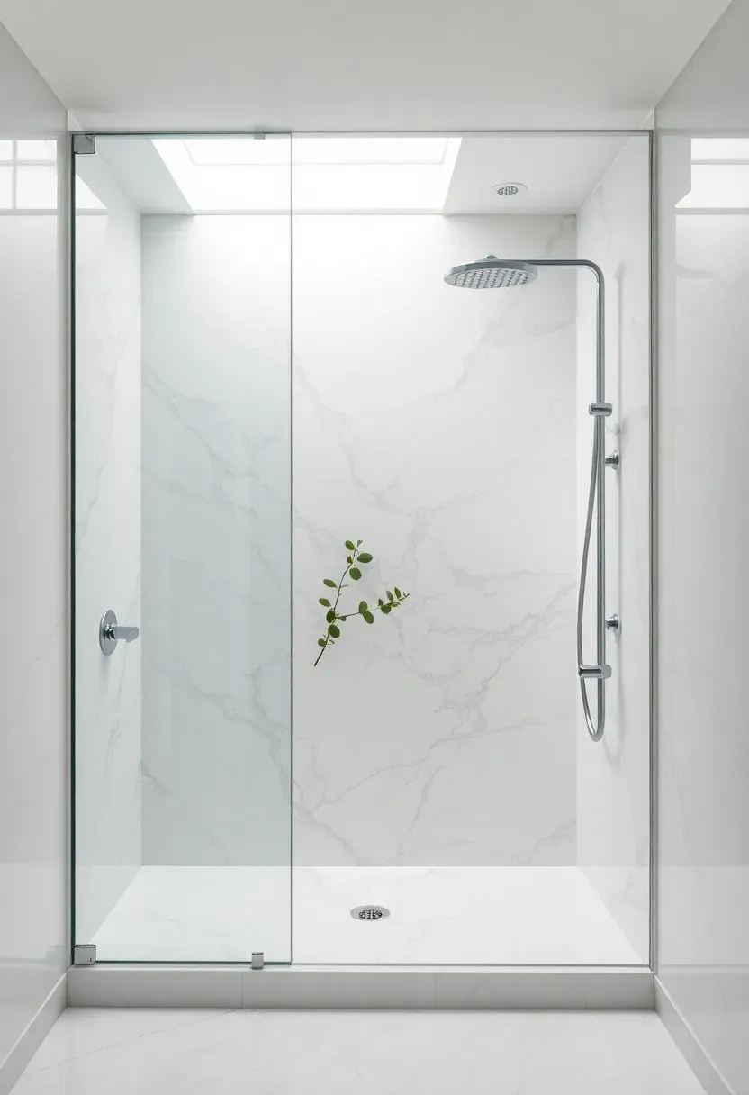 Large format porcelain slab accent wall in calacatta marble pattern in a modern bathroom with frameless glass shower