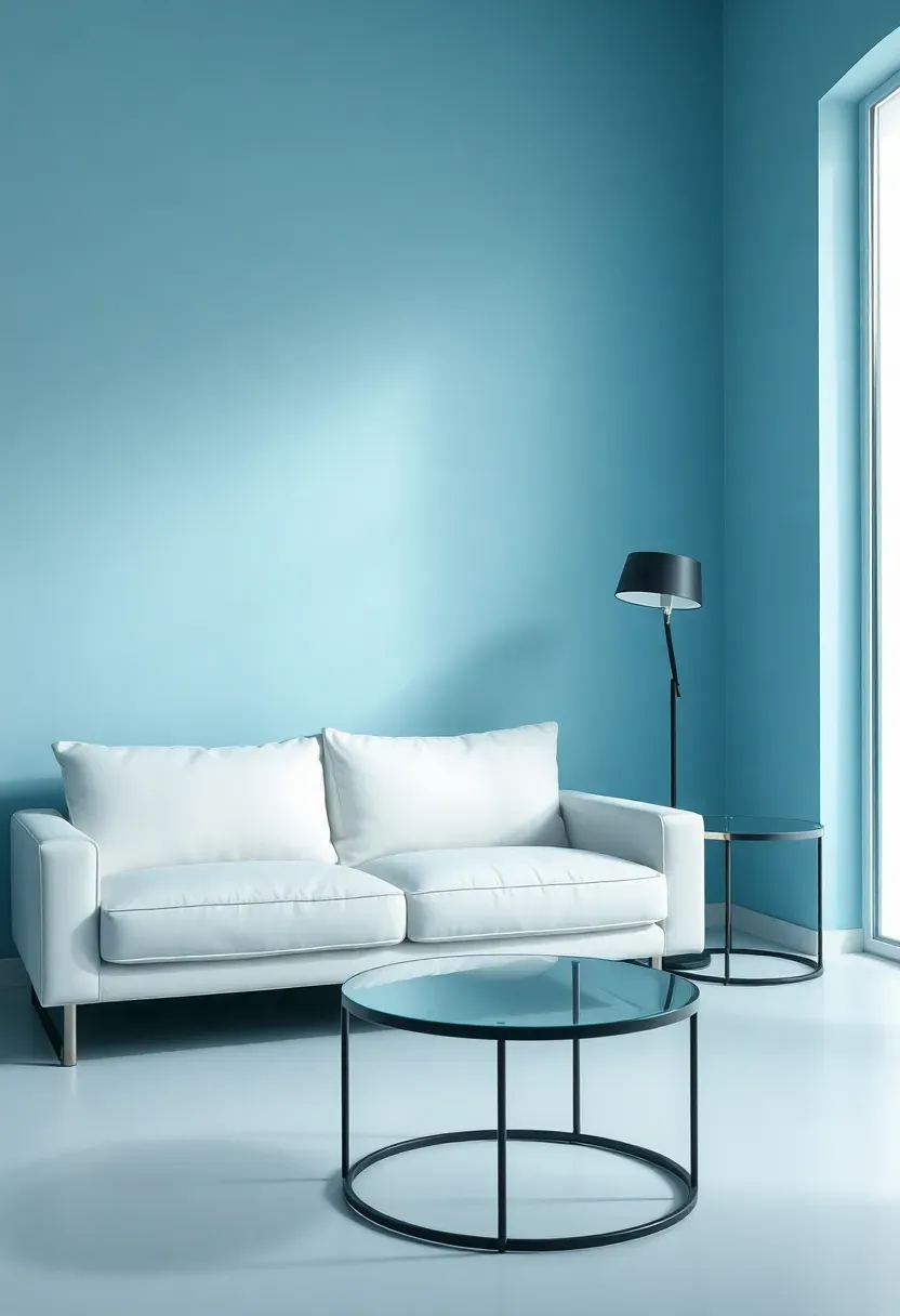 Hyper-realistic 3/4 view of a minimalist living room with ice blue walls, white modern sofa, black metal floor lamp, chrome side table. Materials: matte ice blue paint, white smooth fabric, matte black metal, chrome glass. Bright diffused light, crisp cool shadows. Shallow depth of field, modern minimalist composition. No text, no logos, no watermarks.</p>
